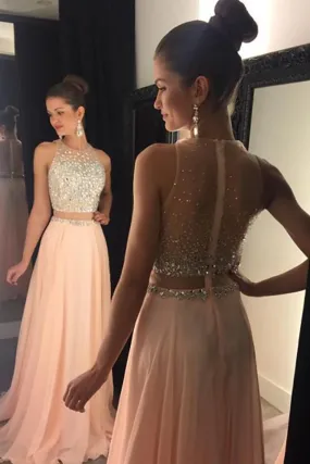 A-Line Jewel Sweep Train Pearl Pink Chiffon Sleeveless Prom Dress with Beading LRA106