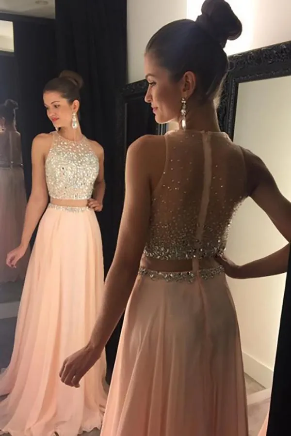 A-Line Jewel Sweep Train Pearl Pink Chiffon Sleeveless Prom Dress with Beading LRA106