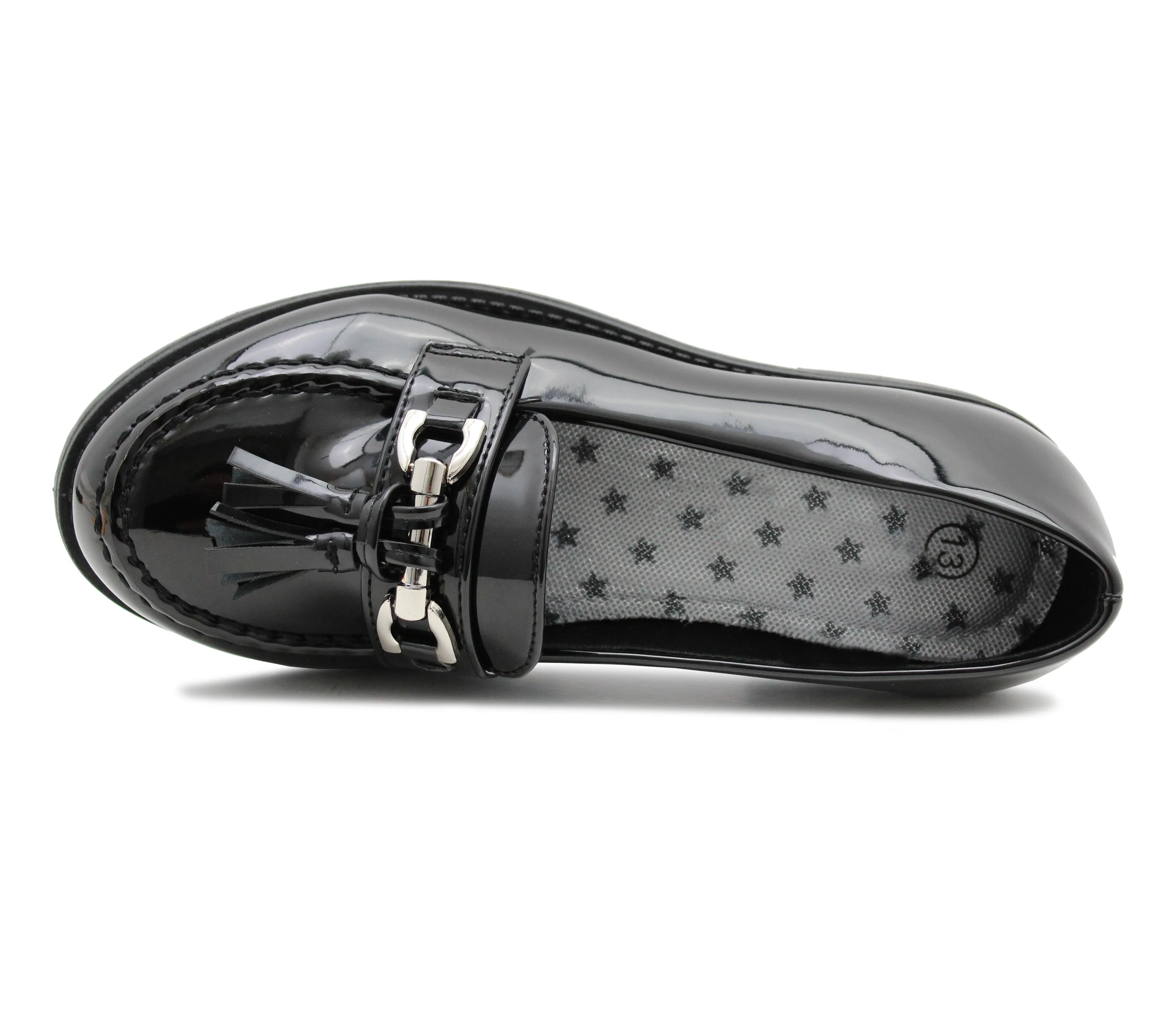 AVA Girls Slip On School Shoes Kids Black Patent Smart Formal Uniform Buckle Tassel Loafers Pumps
