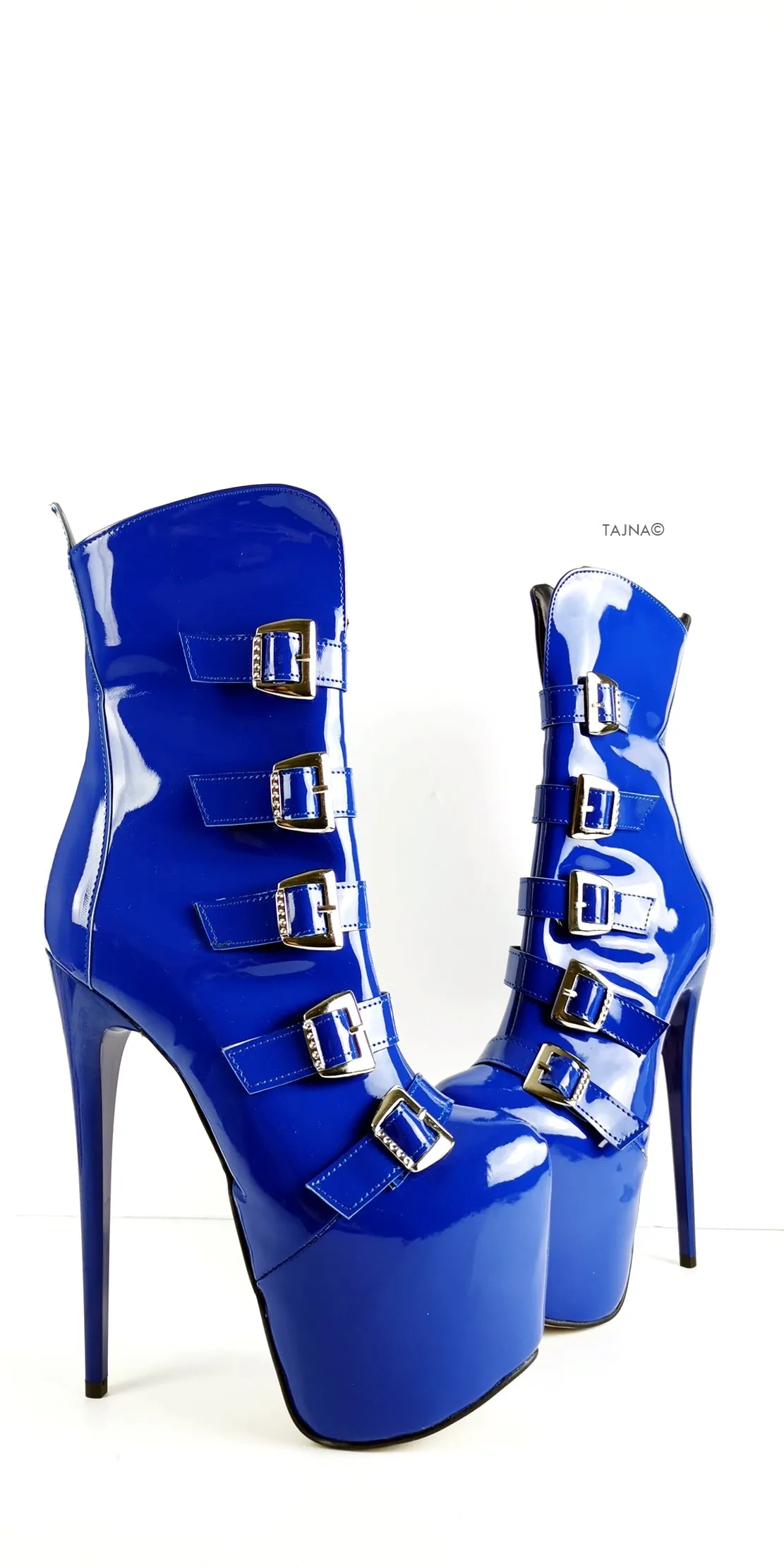 Blue Gloss Patent Multi Belted Platform Boots