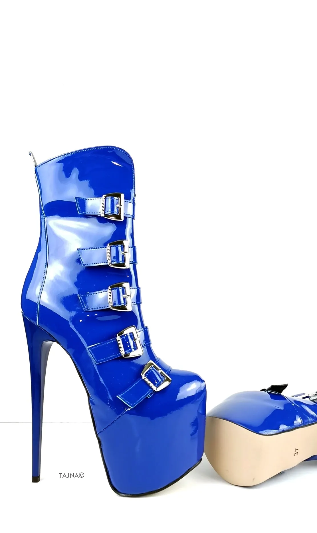 Blue Gloss Patent Multi Belted Platform Boots