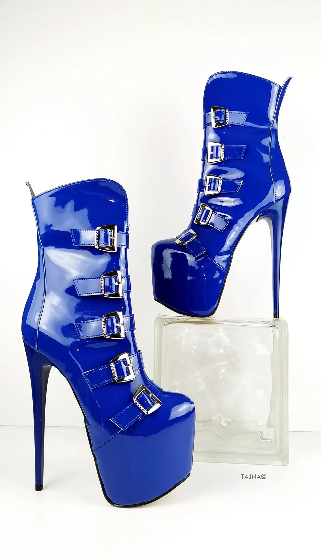 Blue Gloss Patent Multi Belted Platform Boots