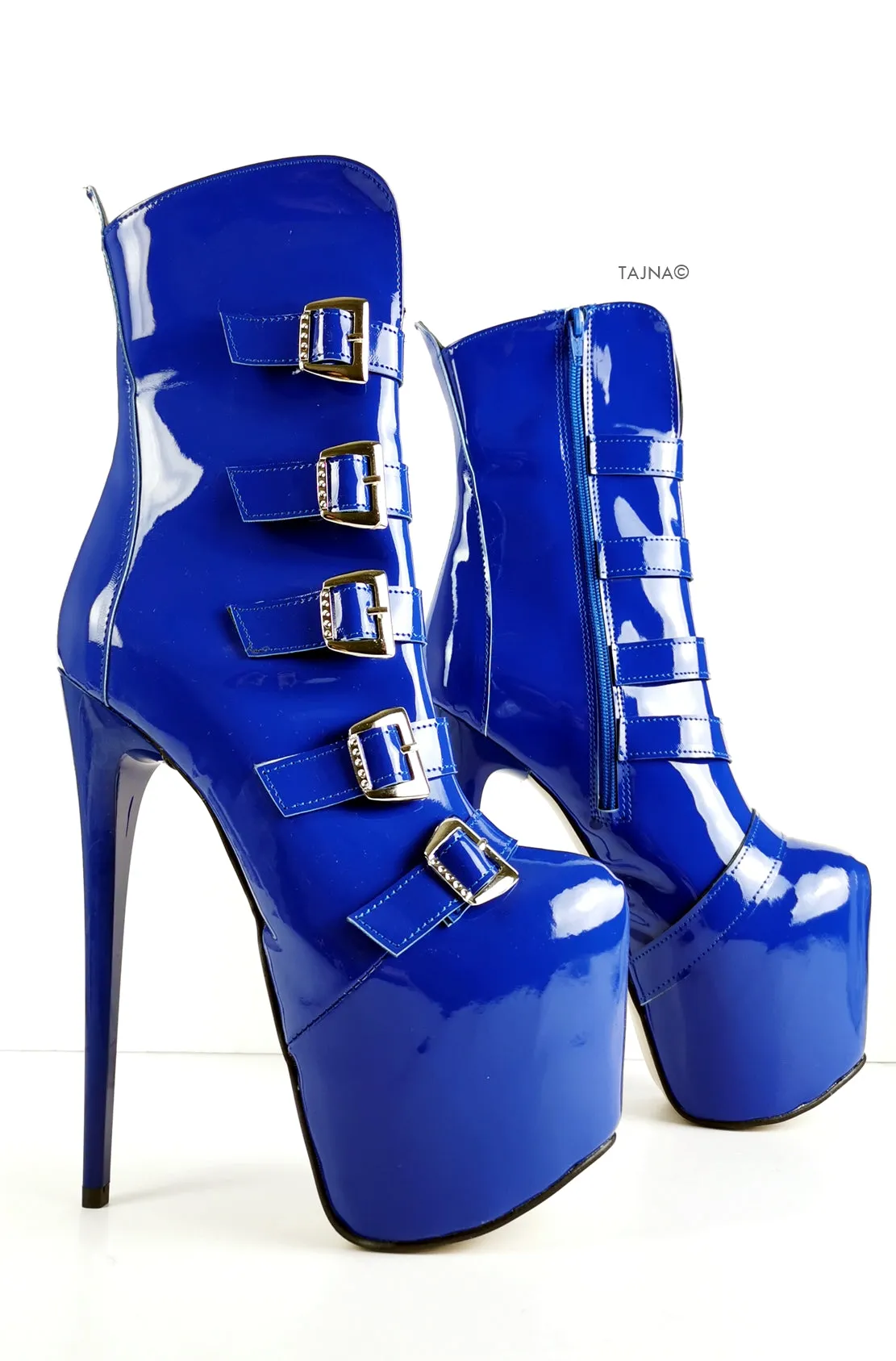 Blue Gloss Patent Multi Belted Platform Boots
