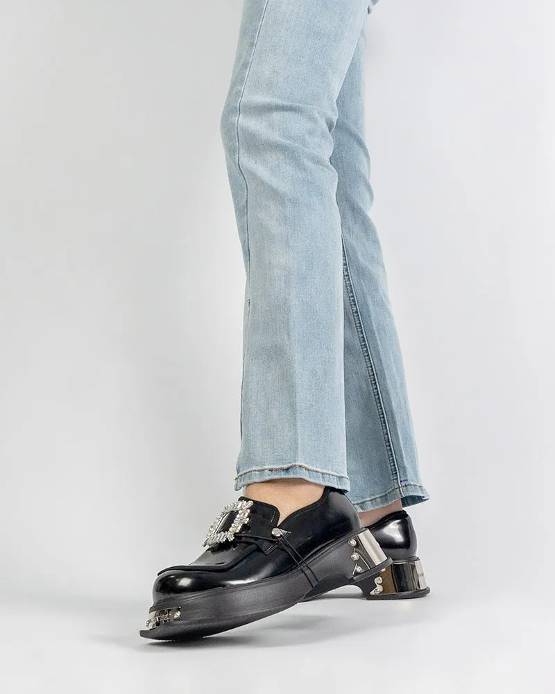 (Clean Up - US 5) Metal Platform Chunky Loafers with Detachable Decoration