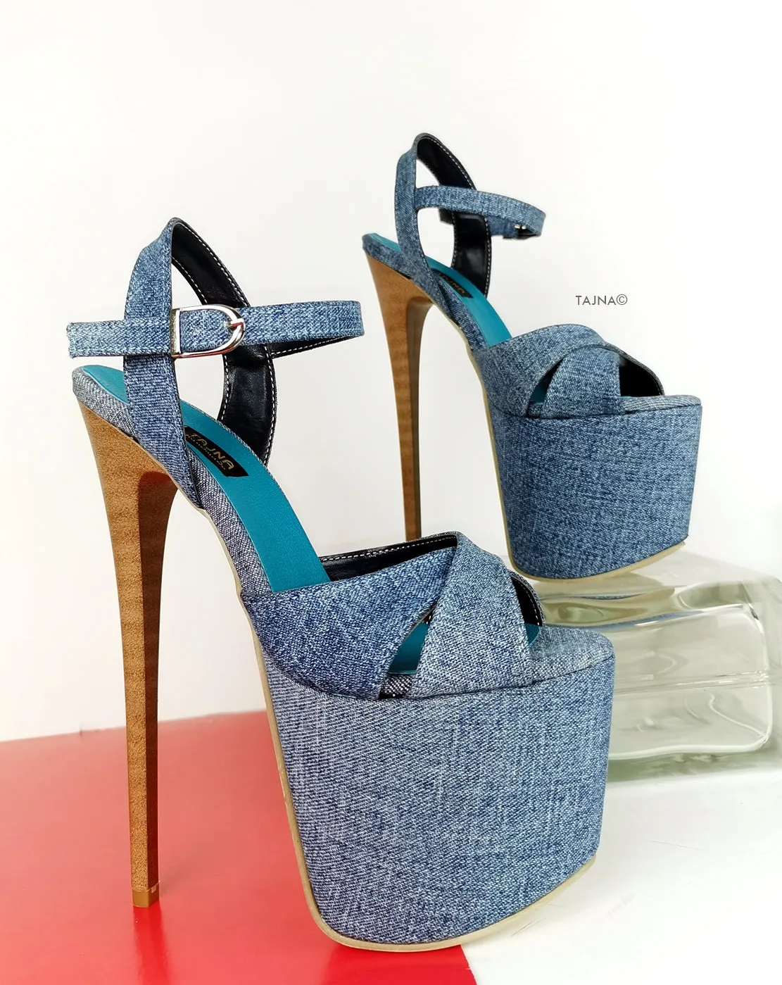 Cross Strap Jean Denim Platform Sandals
