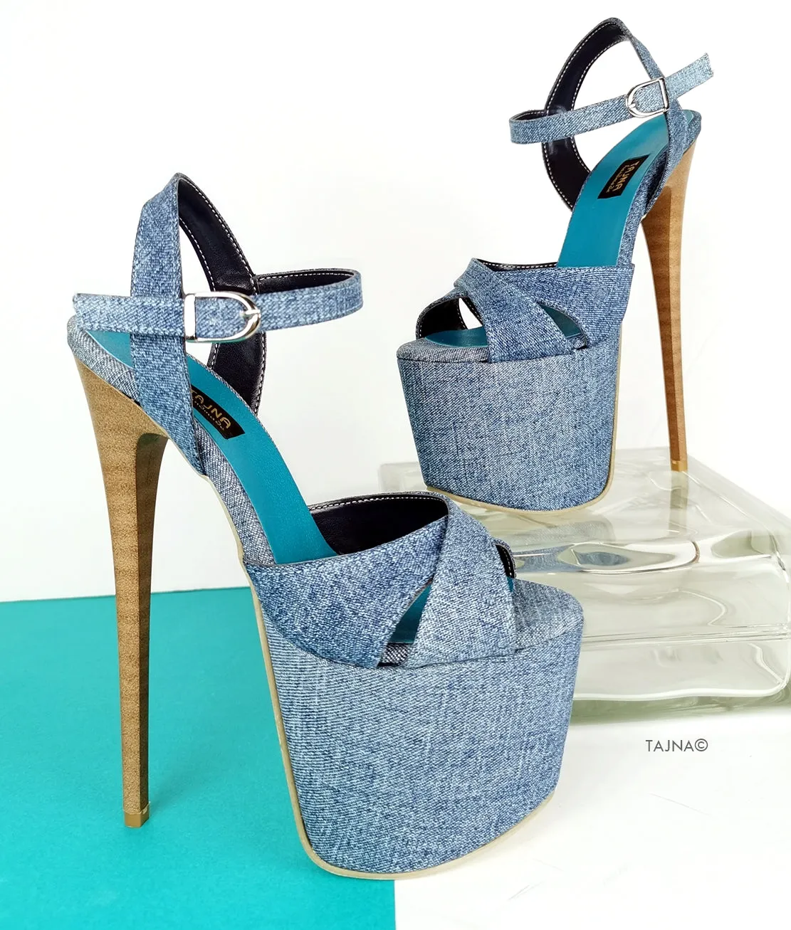 Cross Strap Jean Denim Platform Sandals