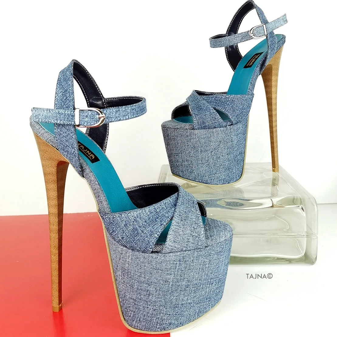 Cross Strap Jean Denim Platform Sandals