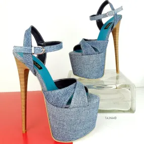 Cross Strap Jean Denim Platform Sandals