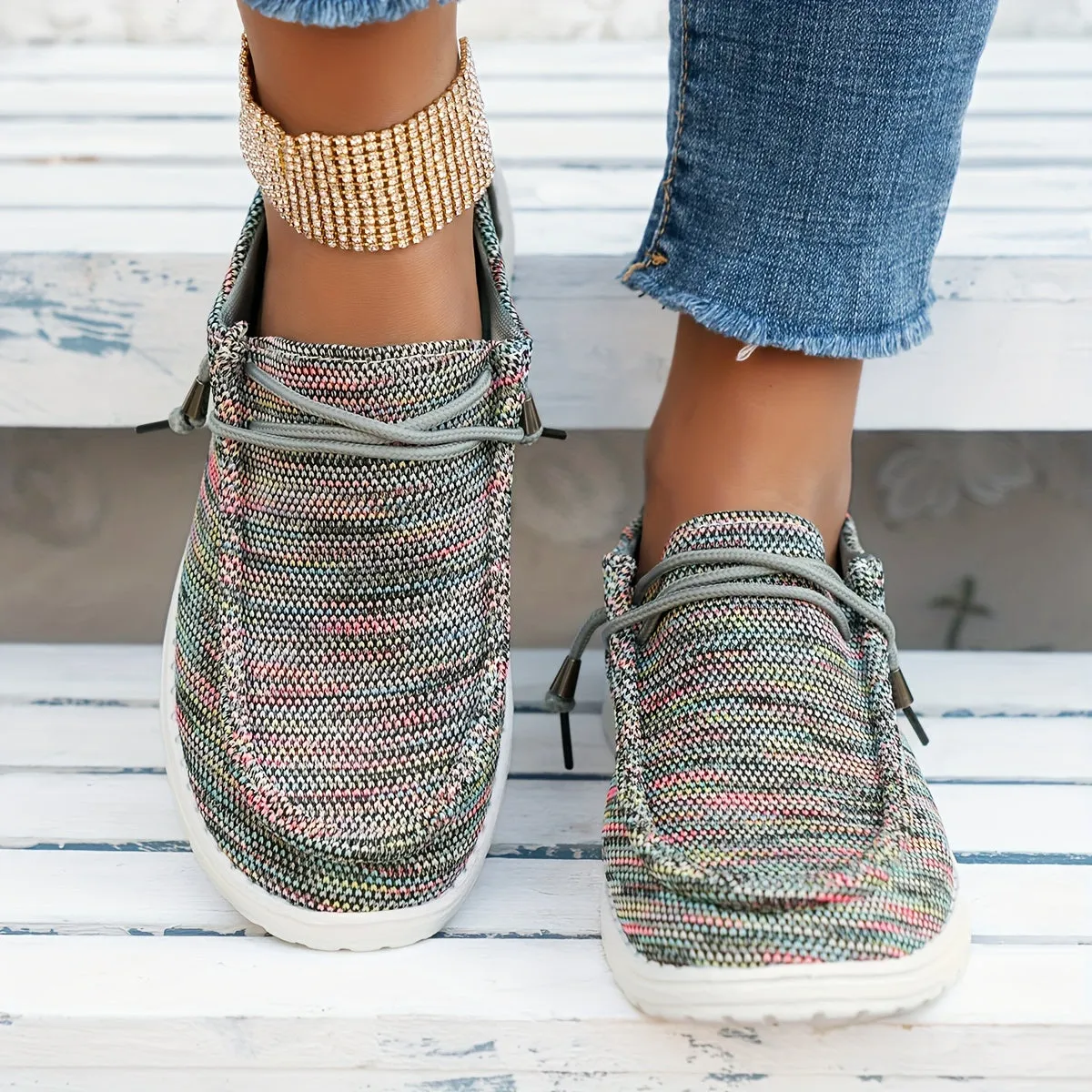 Dames slip-on loafers-gestreepte canvas sneakers, licht en comfortabel