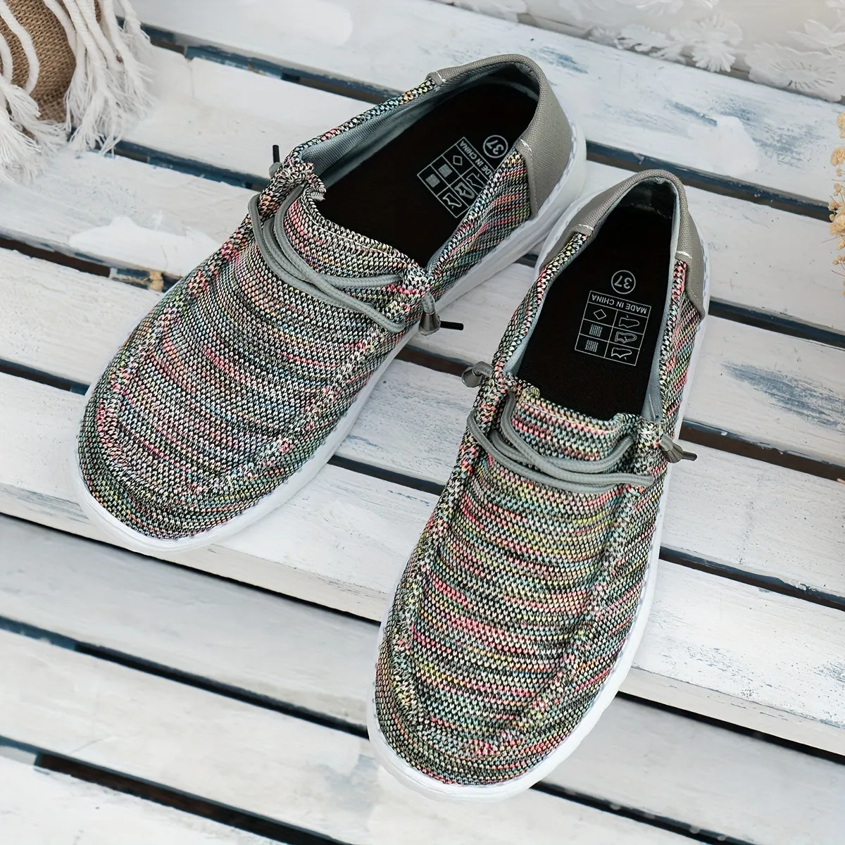 Dames slip-on loafers-gestreepte canvas sneakers, licht en comfortabel