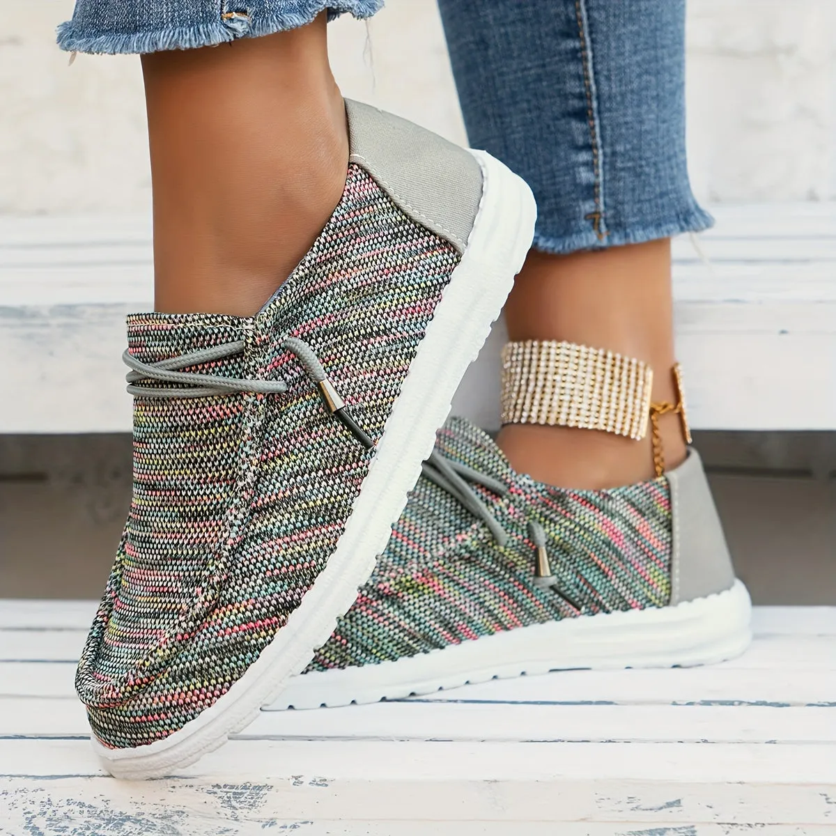 Dames slip-on loafers-gestreepte canvas sneakers, licht en comfortabel