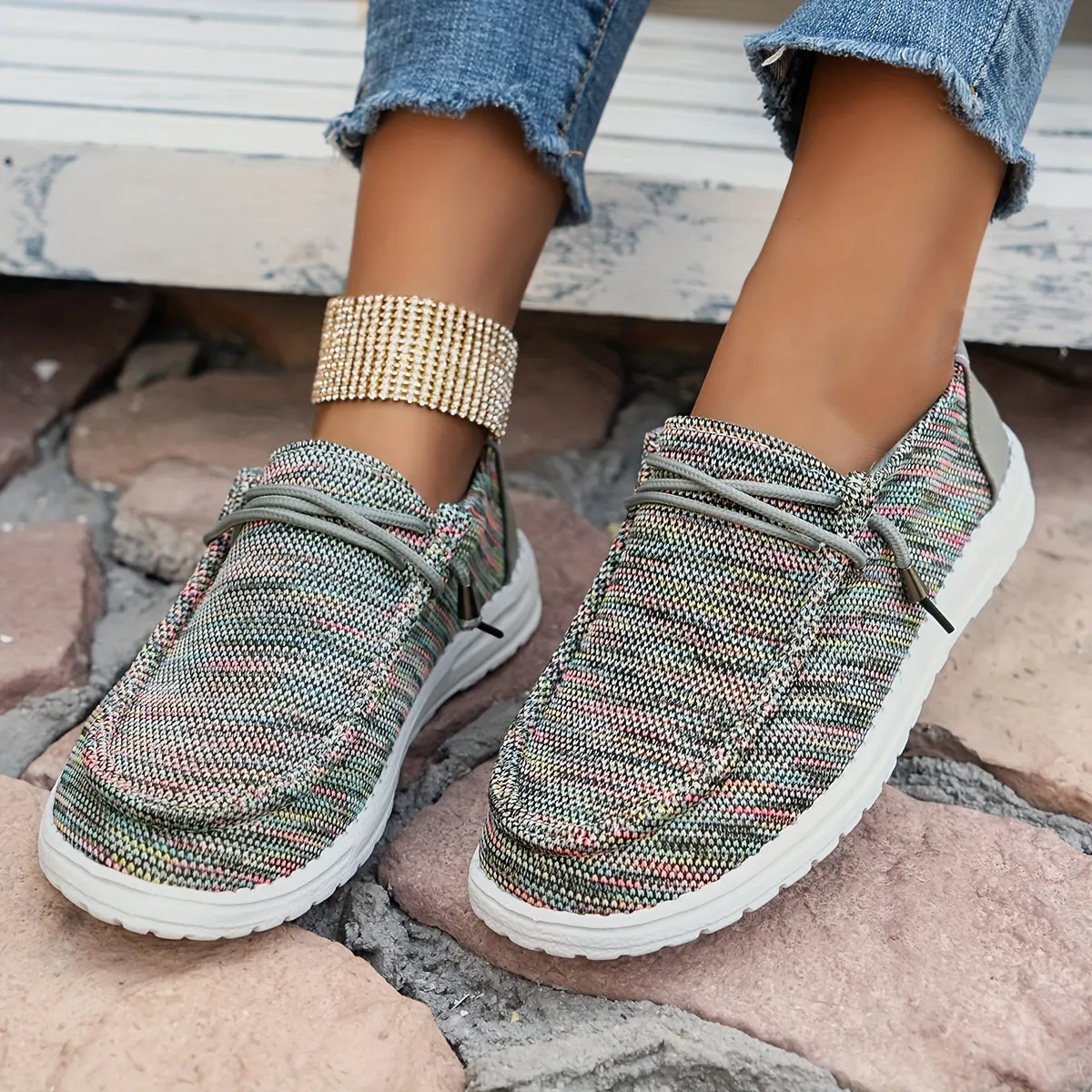 Dames slip-on loafers-gestreepte canvas sneakers, licht en comfortabel