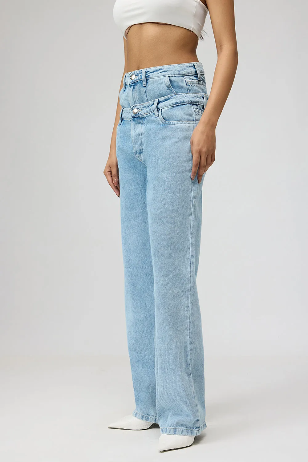 Dual Flap Light Blue Straight Leg Jeans