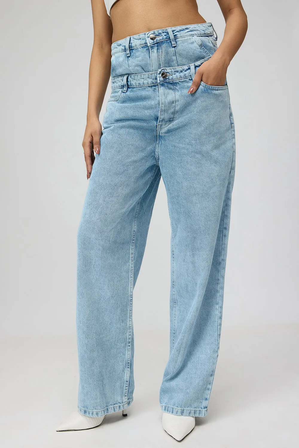 Dual Flap Light Blue Straight Leg Jeans