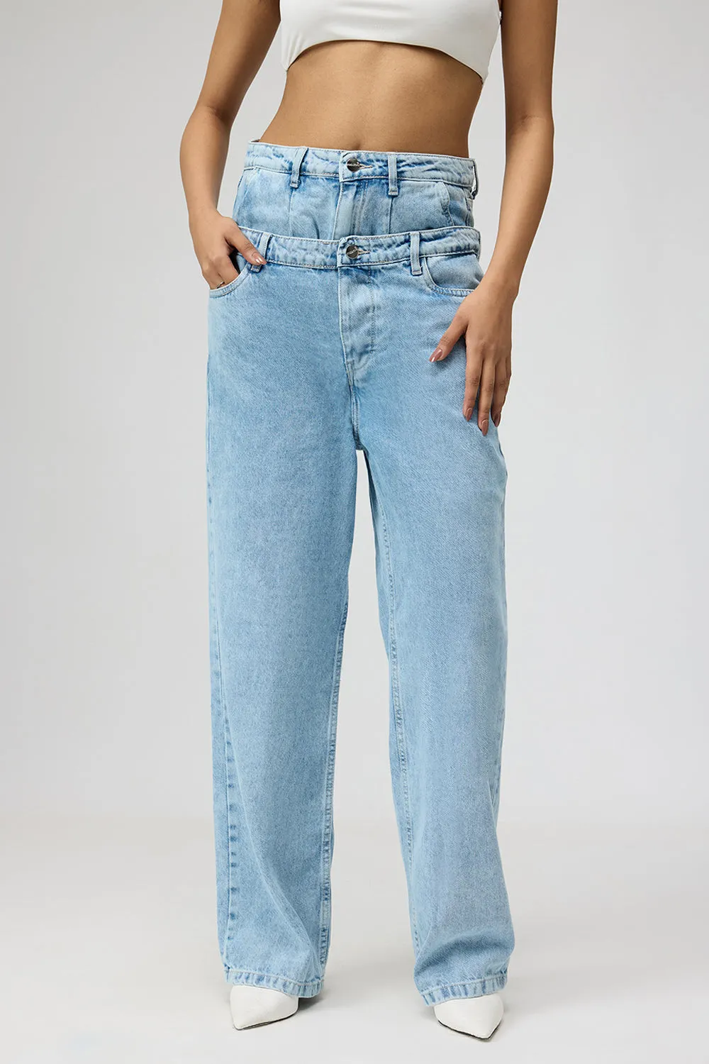 Dual Flap Light Blue Straight Leg Jeans