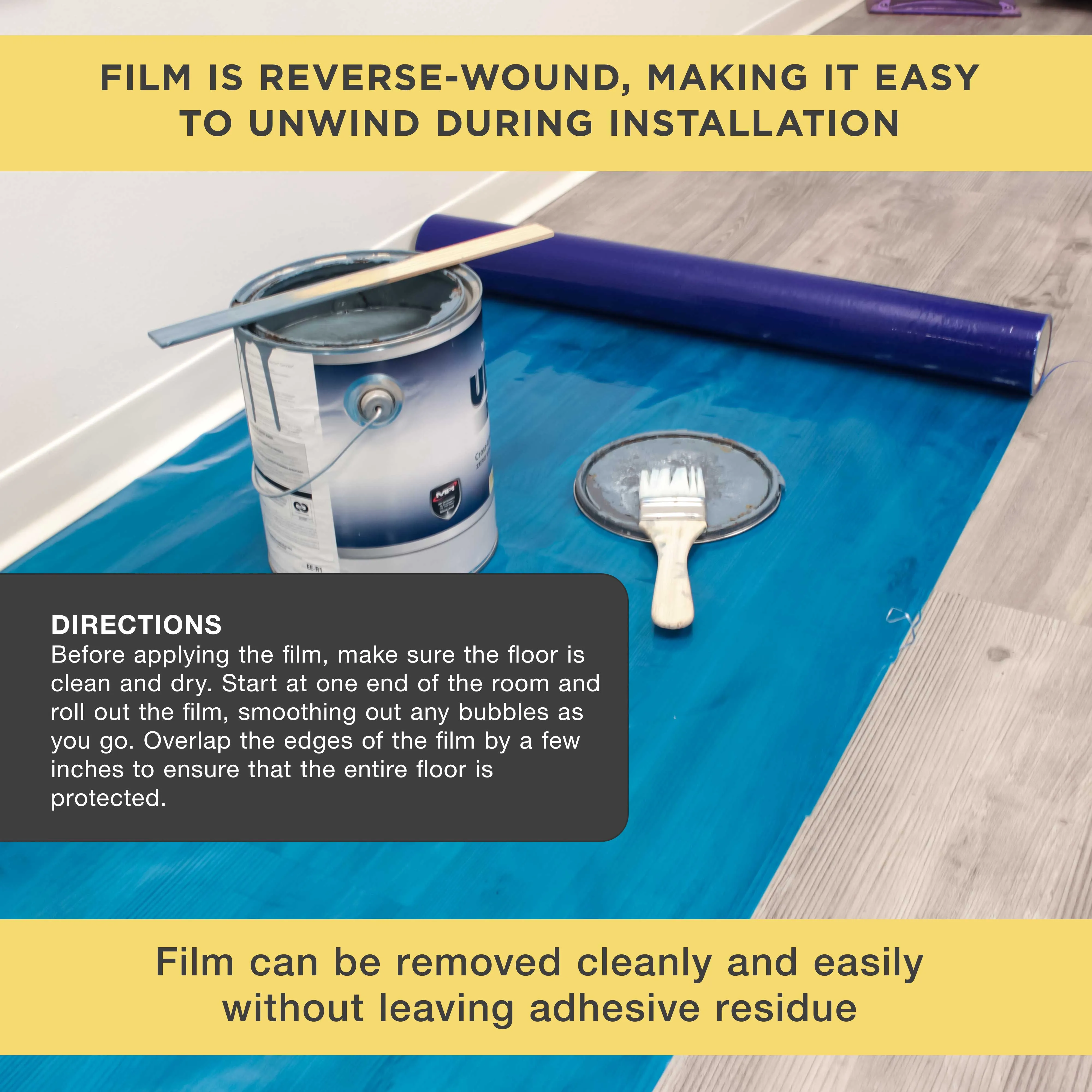Floor Protection Film, 24-inch x 50' Roll - Blue Self Adhesive Temporary Floor Covering, Protect Flooring from Foot Traffic, Paint Spills, Dust, Construction Debris, Moving - Hardwood, Tile