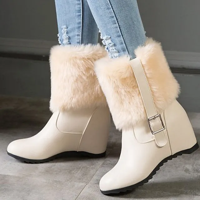 Joskaa Women's Boots Platform Boots Snow Boots Plus Size Party Daily Fleece Lined Booties Ankle Boots Wedge Heel Hidden Heel Round Toe Fashion Sexy Casual Faux Leather Loafer Solid Color Black White Beige