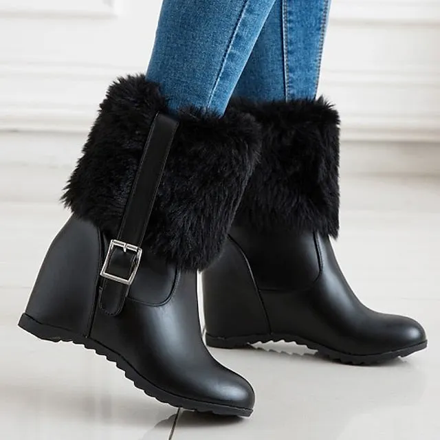 Joskaa Women's Boots Platform Boots Snow Boots Plus Size Party Daily Fleece Lined Booties Ankle Boots Wedge Heel Hidden Heel Round Toe Fashion Sexy Casual Faux Leather Loafer Solid Color Black White Beige
