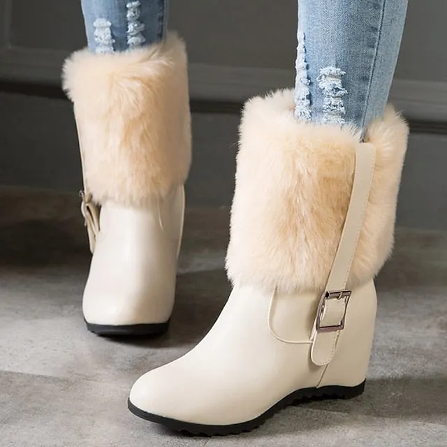 Joskaa Women's Boots Platform Boots Snow Boots Plus Size Party Daily Fleece Lined Booties Ankle Boots Wedge Heel Hidden Heel Round Toe Fashion Sexy Casual Faux Leather Loafer Solid Color Black White Beige