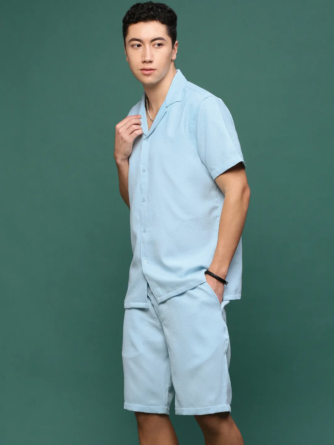 Men Blue Cuban Collar Solid Co Ords Set
