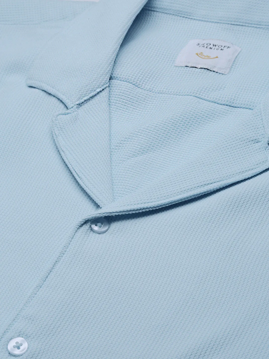 Men Blue Cuban Collar Solid Co Ords Set