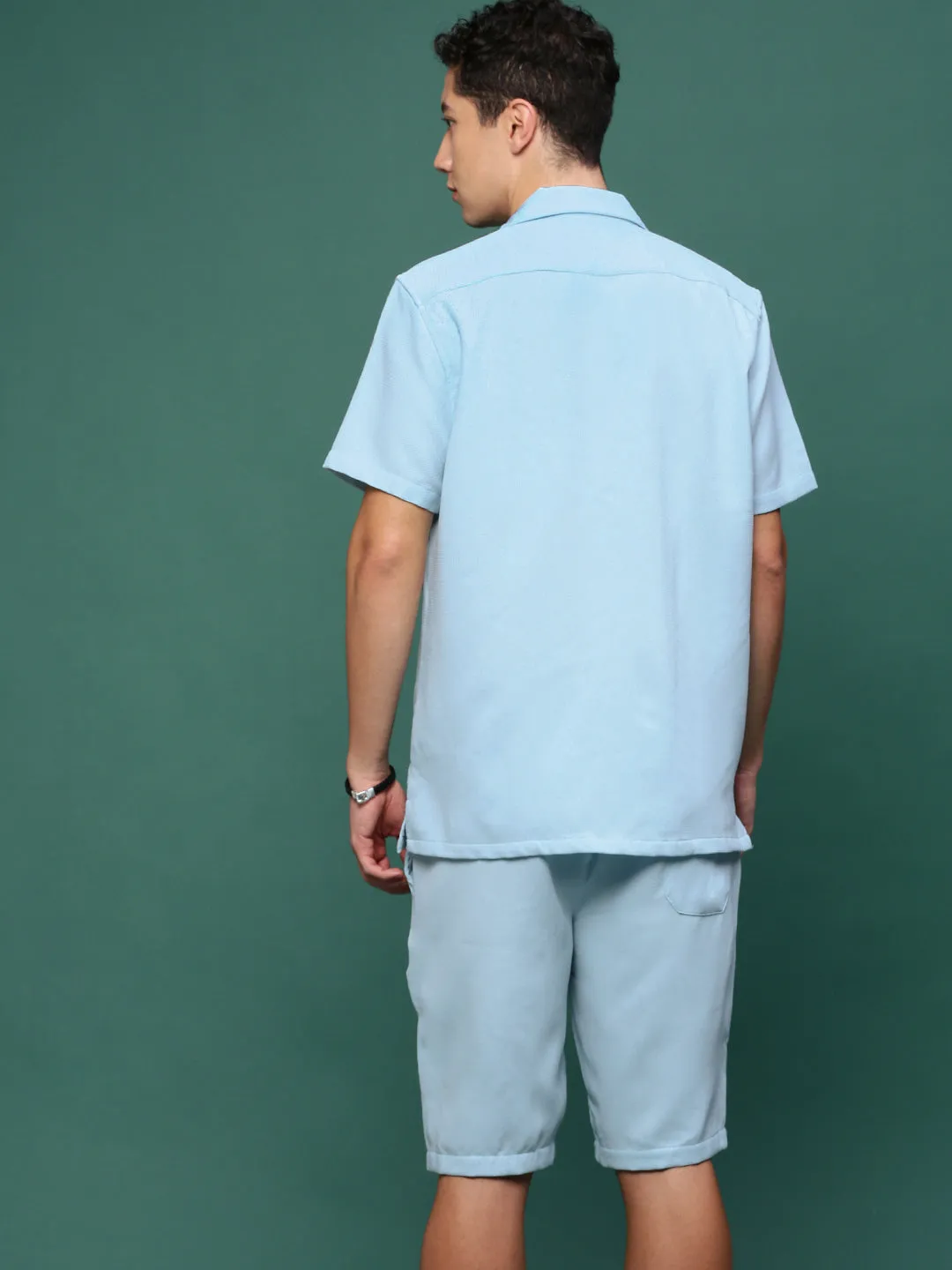 Men Blue Cuban Collar Solid Co Ords Set
