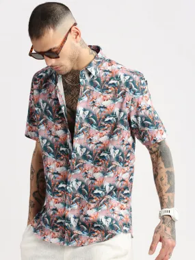 Men Spread Collar Floral Teal Casual Shirt