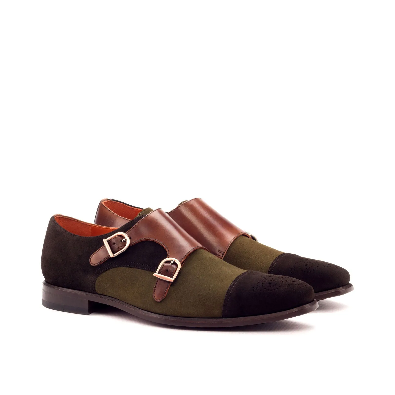 Men's Double Monk Leather Shoes Wide Plus Size Dark Brown Green 3306