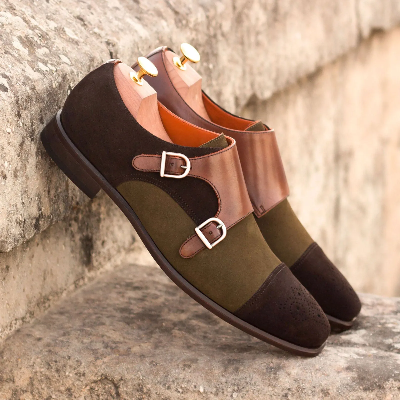 Men's Double Monk Leather Shoes Wide Plus Size Dark Brown Green 3306