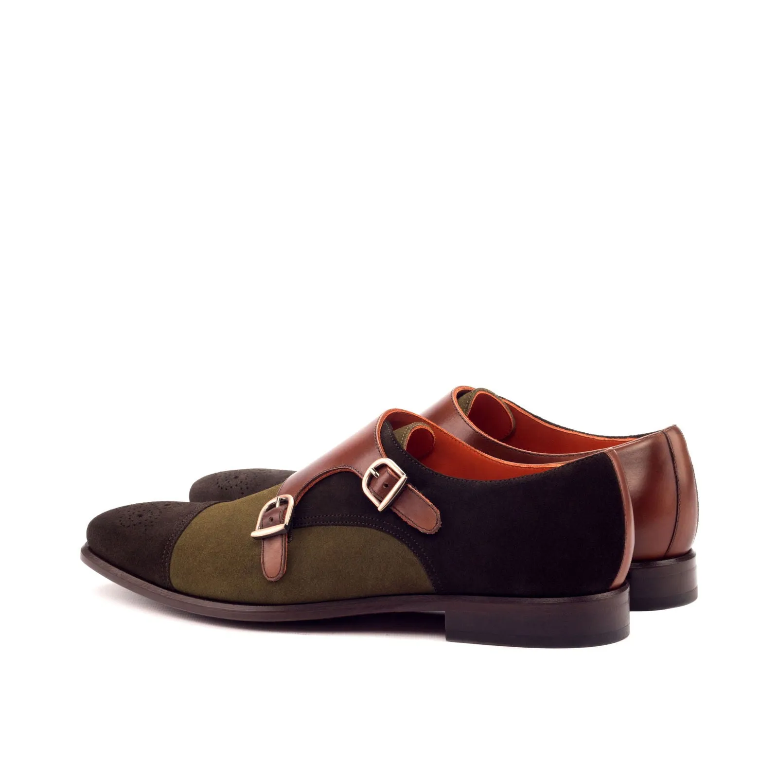 Men's Double Monk Leather Shoes Wide Plus Size Dark Brown Green 3306