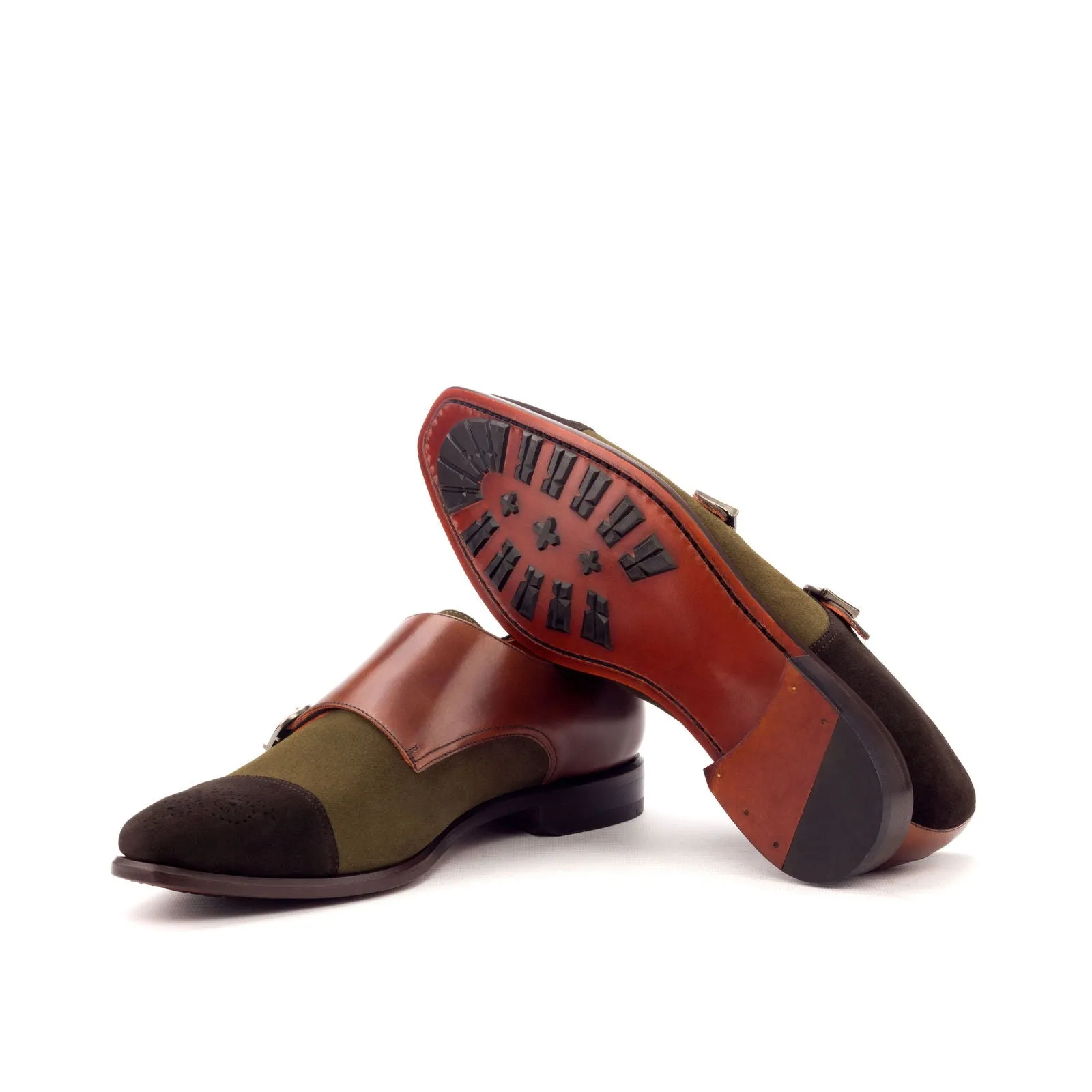 Men's Double Monk Leather Shoes Wide Plus Size Dark Brown Green 3306