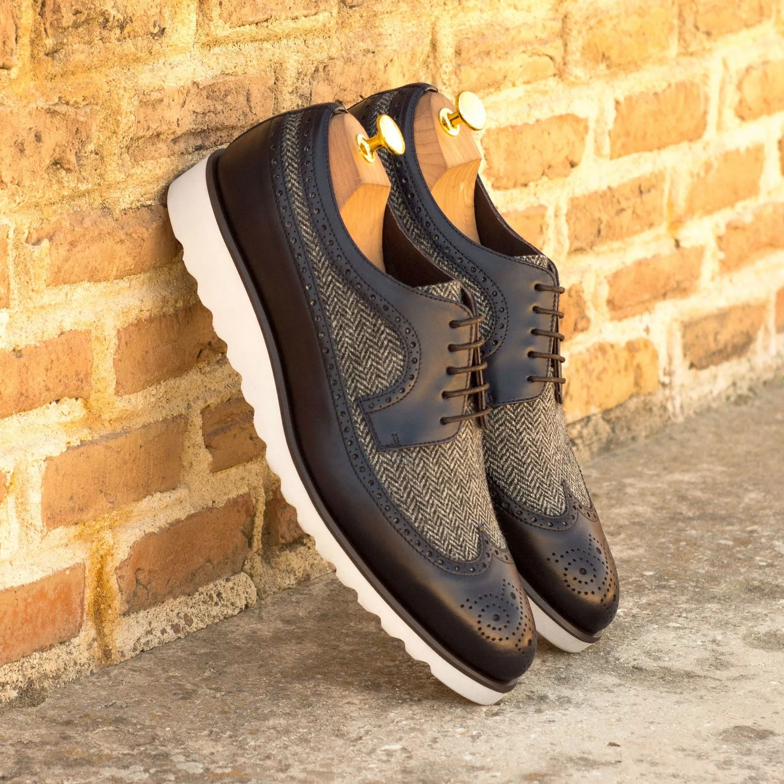 Men's Longwing Blucher Leather Shoes Wide Plus Size Grey Blue 3526