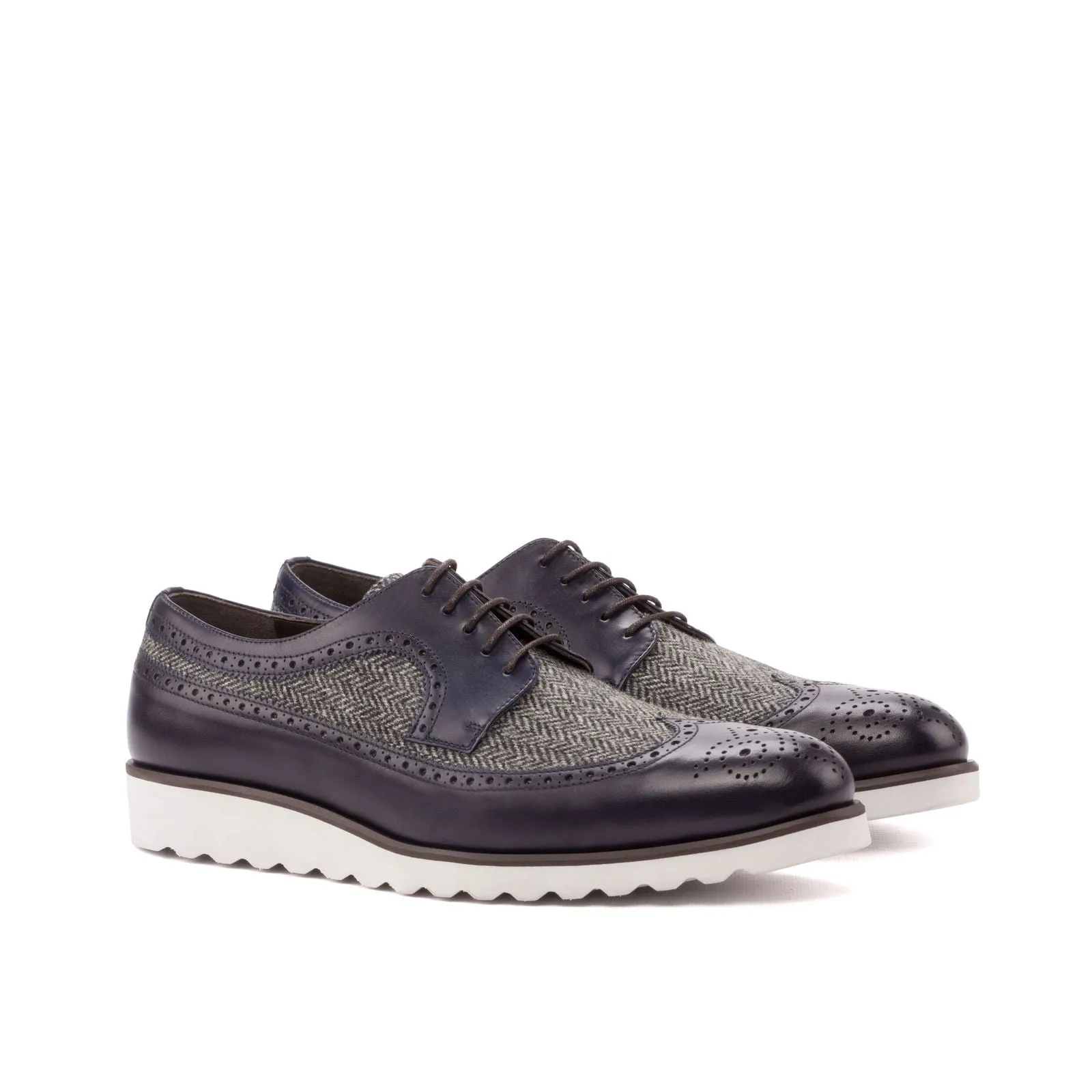 Men's Longwing Blucher Leather Shoes Wide Plus Size Grey Blue 3526