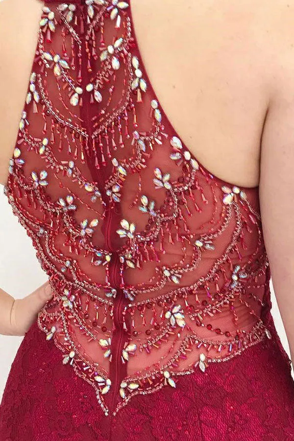 Mermaid Deep V-Neck Sweep Train Dark Red Lace Sleeveless Prom Dress with Beading LRA112
