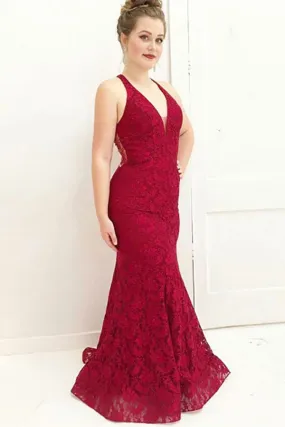 Mermaid Deep V-Neck Sweep Train Dark Red Lace Sleeveless Prom Dress with Beading LRA112