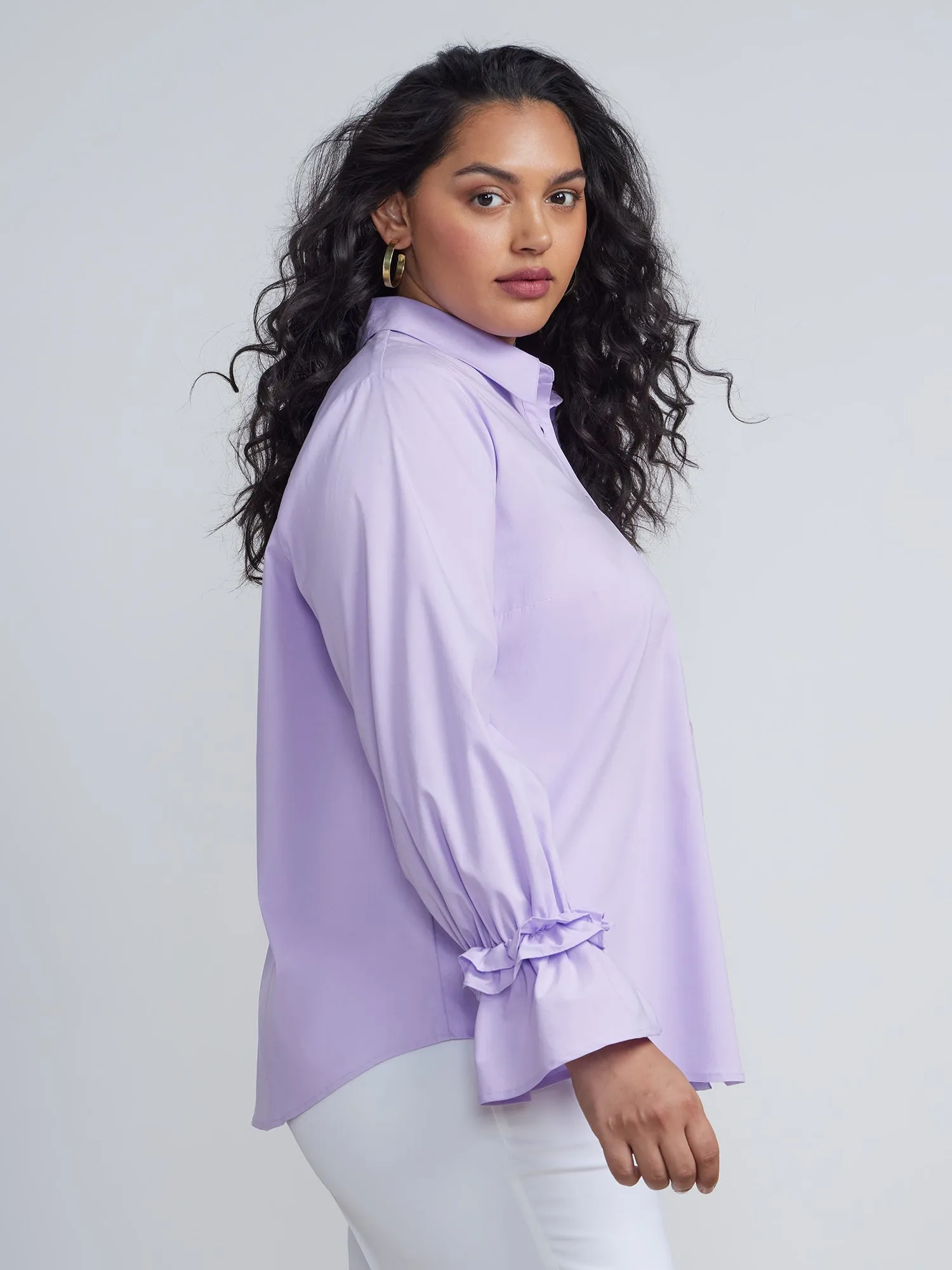 Plus Button-Front Ruffed Cuff Blouse