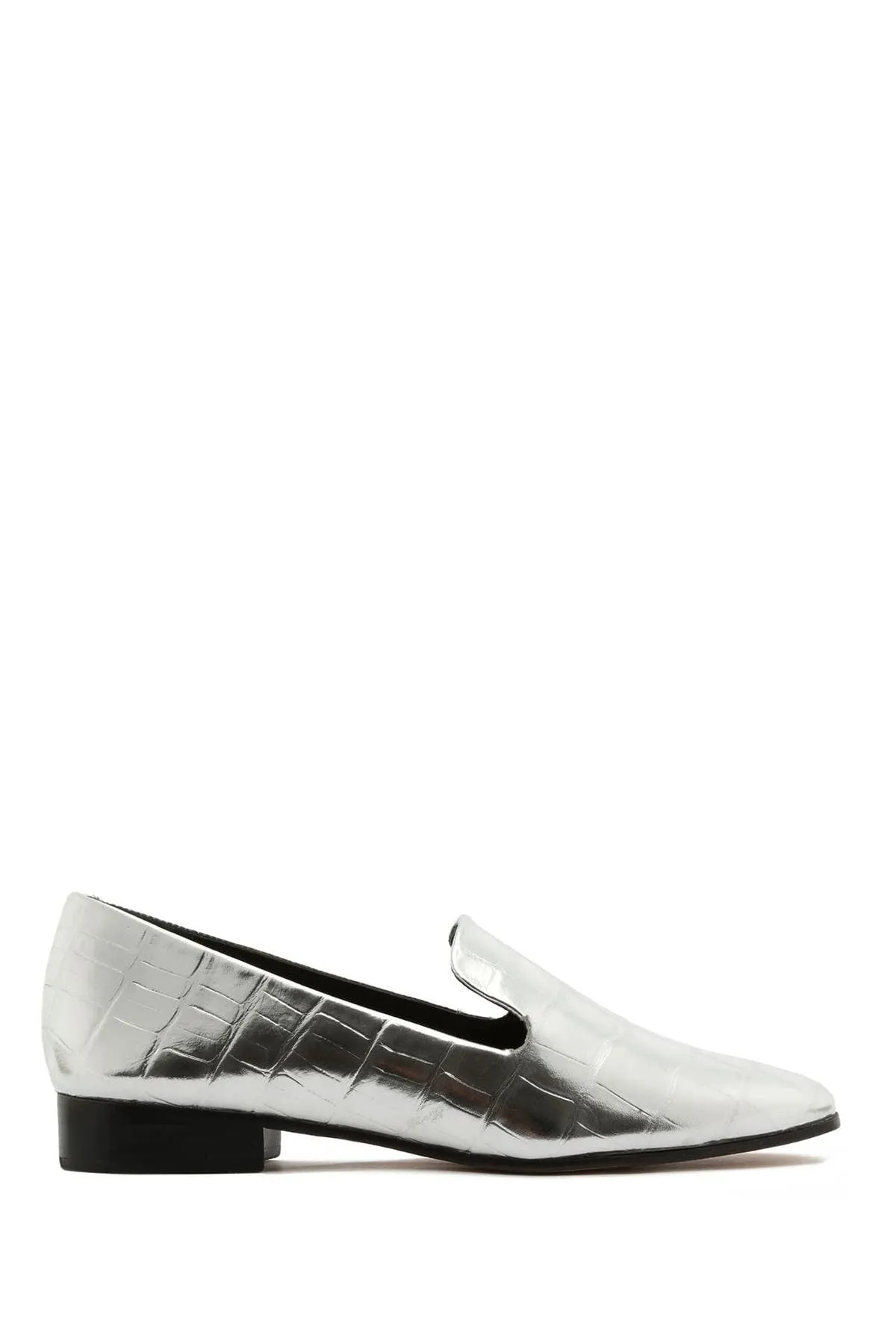 Schutz Flor Silver Pointed Toe Flats Crocodile Embossed Metallic Slip On Loafers