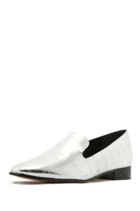 Schutz Flor Silver Pointed Toe Flats Crocodile Embossed Metallic Slip On Loafers