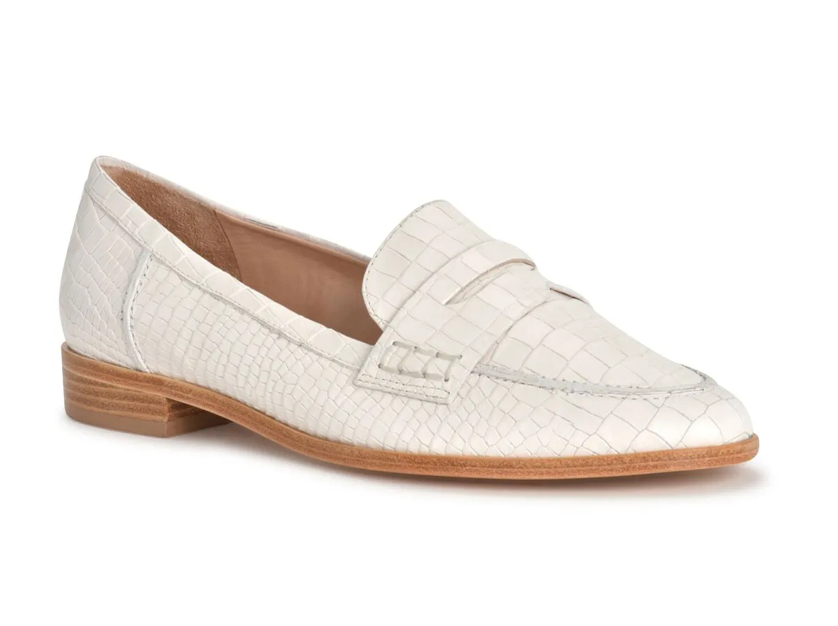 Schutz Pearl White Croco Embossed Leather Low Heeled Almond Toe Penny Loafer