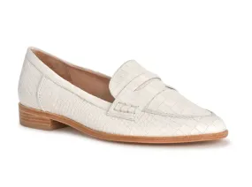 Schutz Pearl White Croco Embossed Leather Low Heeled Almond Toe Penny Loafer