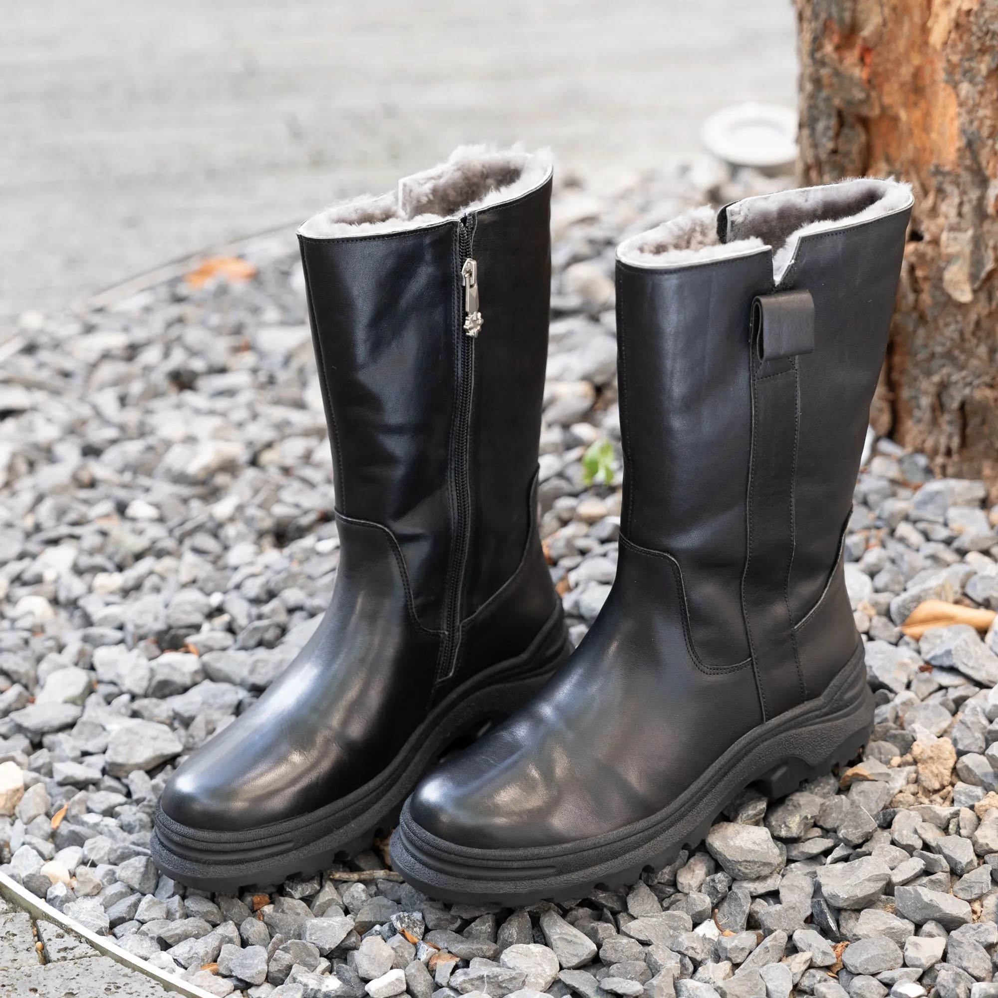 Shearling Lined Snow Boots Dwarves Leather Mid Calf Boots in Black/Brown/Coffee