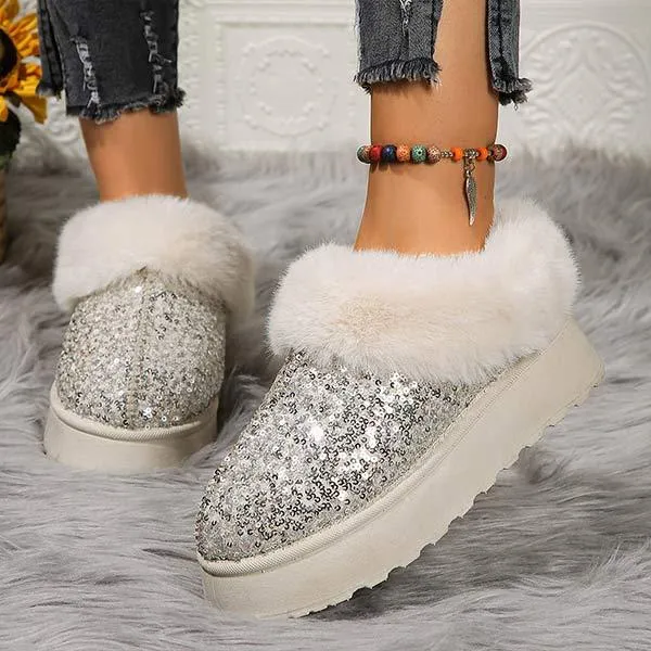 Women's Thick-Sole Plush Lined Sequin Snow Boots 91847313C